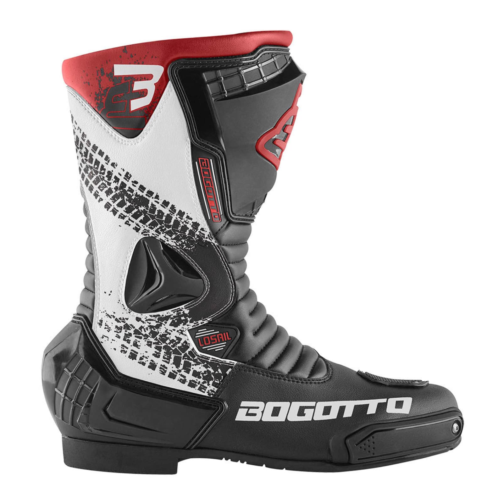 Bogotto LOSAIL EVO MOTORCYCLE BOOTS（ボガット ロサイル エボ モーターサイクルブーツ）（ブラック／ホワイト／レッド）オンロードブーツ　右足　外側側面